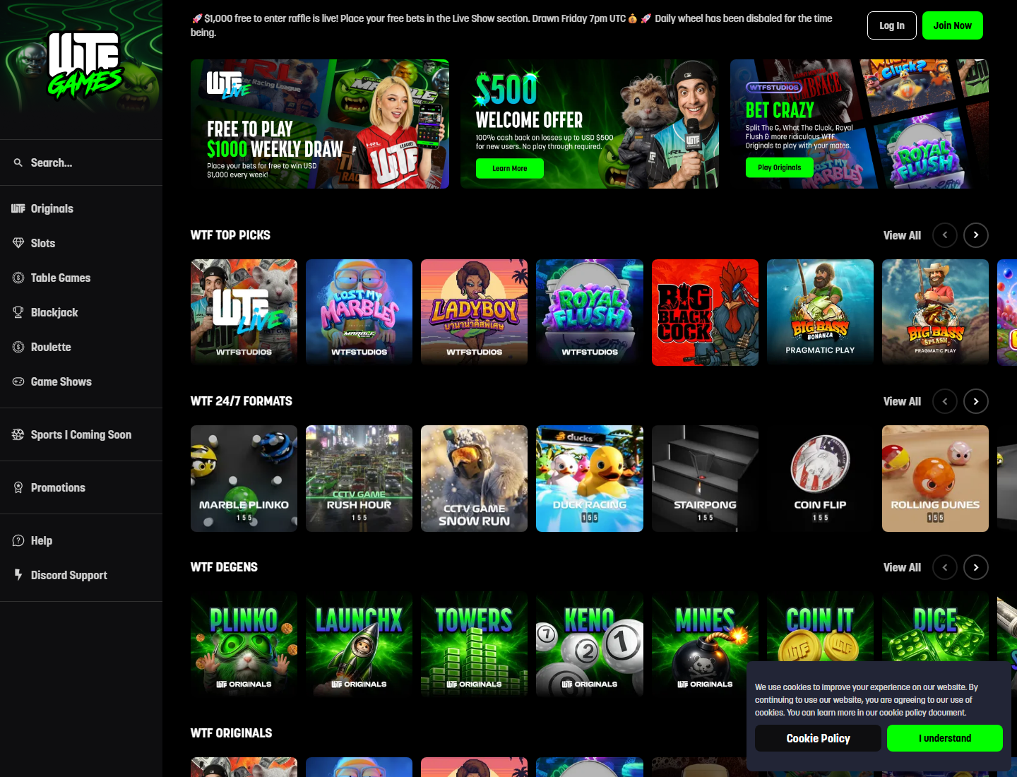 WTF Games lobby with campaign panels, left menu and casino game rows